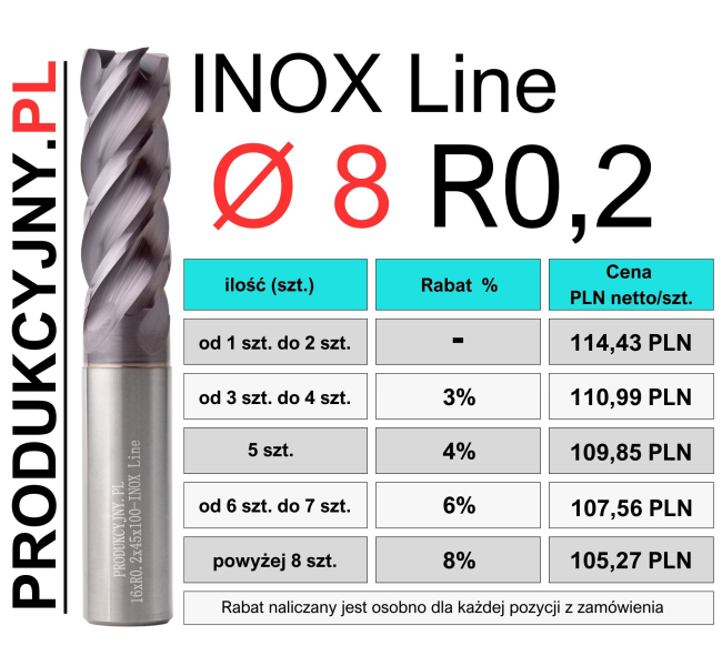 Frez z promieniem naroża fi 8 R0,2 INOX LINE